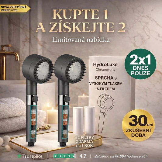 1 + 1 ZDARMA | HYDROLUXE Originál™ - Odstraňuje chlor a vodní kámen ze sprchy. Zvyšuje tlak vody, takže s každým použitím šetří vodu. (Dnes obsahuje 2 další filtry ZDARMA, na celý rok) Snadná a univerzální instalace.