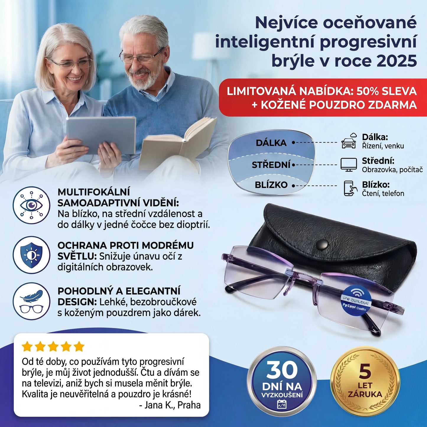 Inteligentní Progresivní Blu Brýle™ – Vidění na blízko, střední vzdálenost i dálku v jedněch brýlích (Nevyžadují dioptrie, obsahují pouzdro a 30DENNÍ ZARUČENOU ZKUŠEBNÍ DOBU)